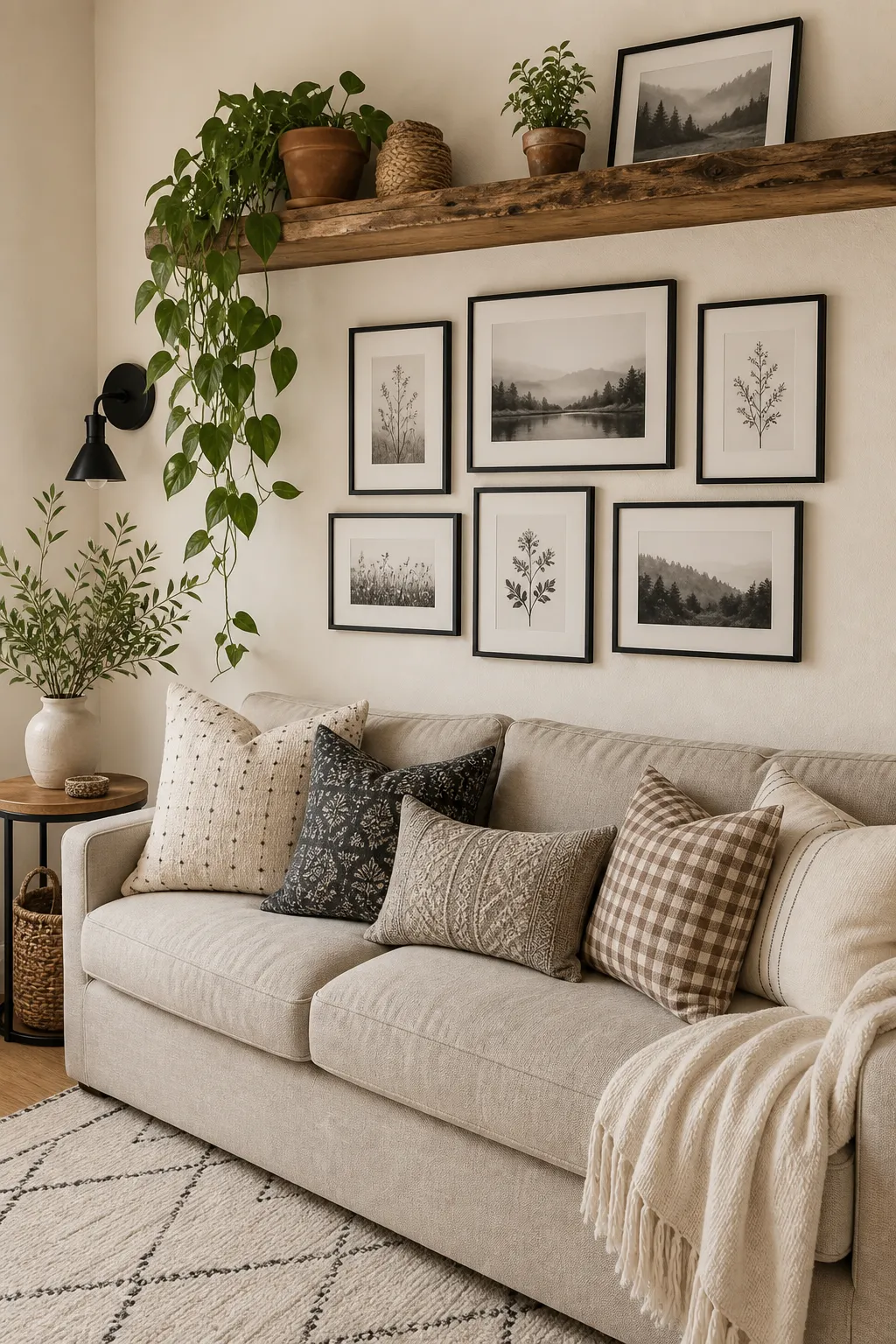 Picture ledge layered with framed artwork above a cozy living room sofa