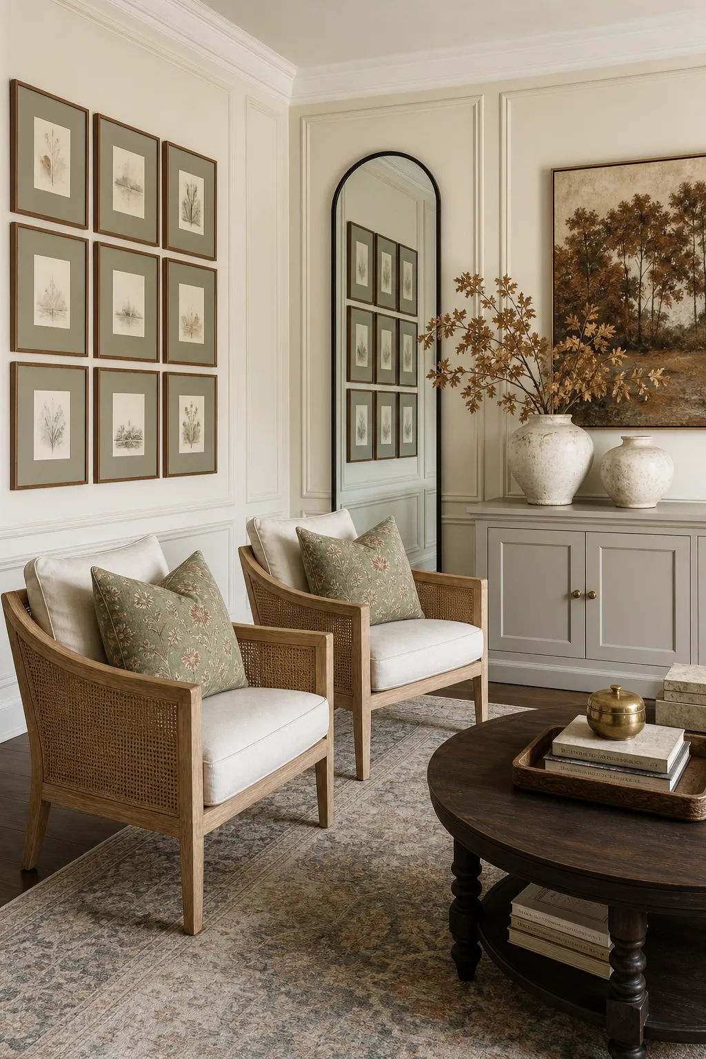 Ordered photo grid paired with an arched floor mirror in a living room