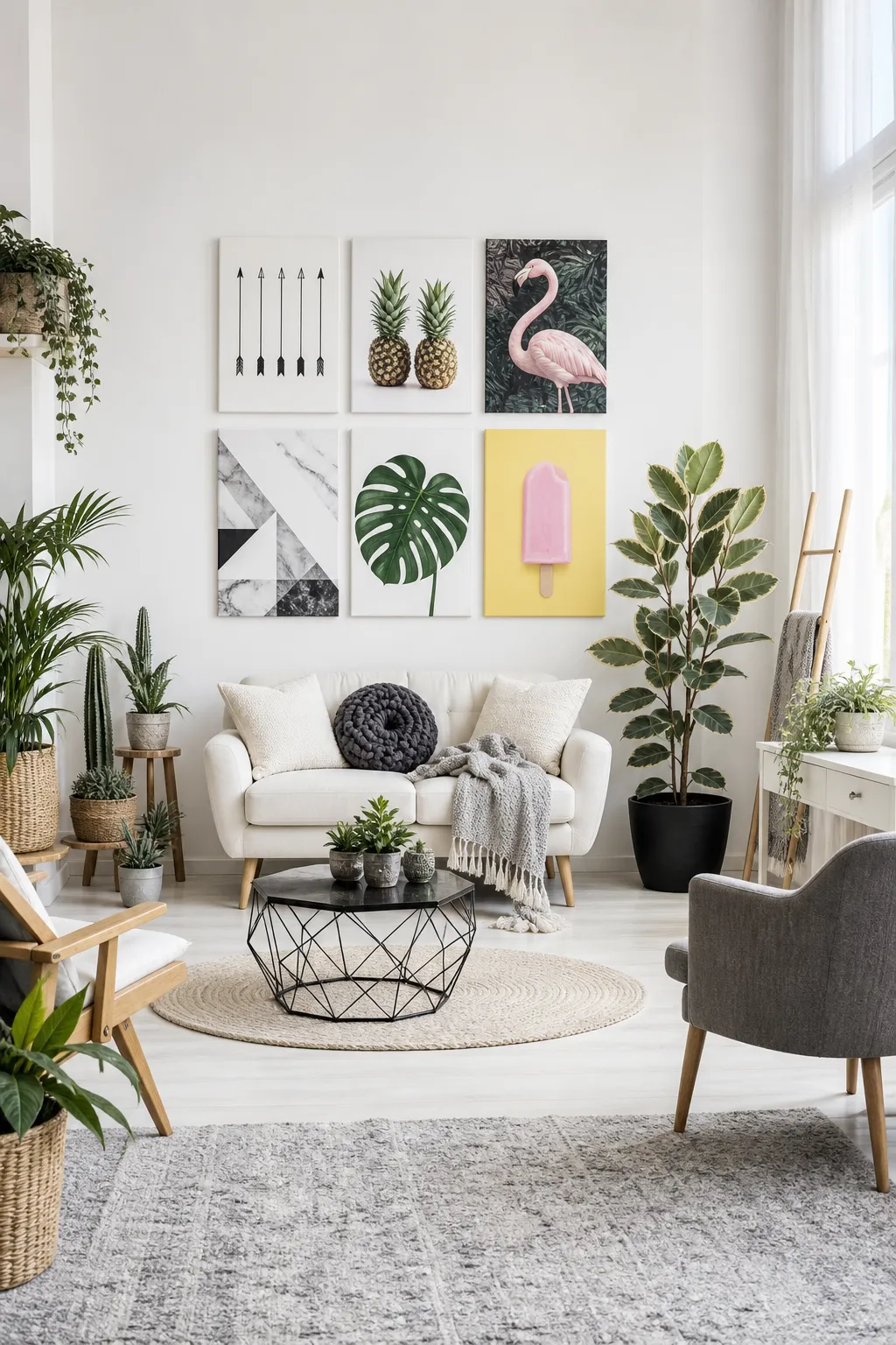 Bright living room decorated with framed art and lush green plants