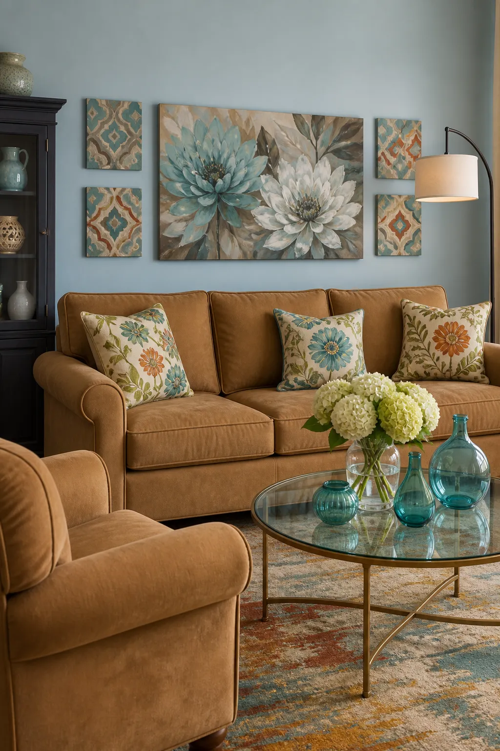 Oversized turquoise floral artwork creating a colorful living room focal point