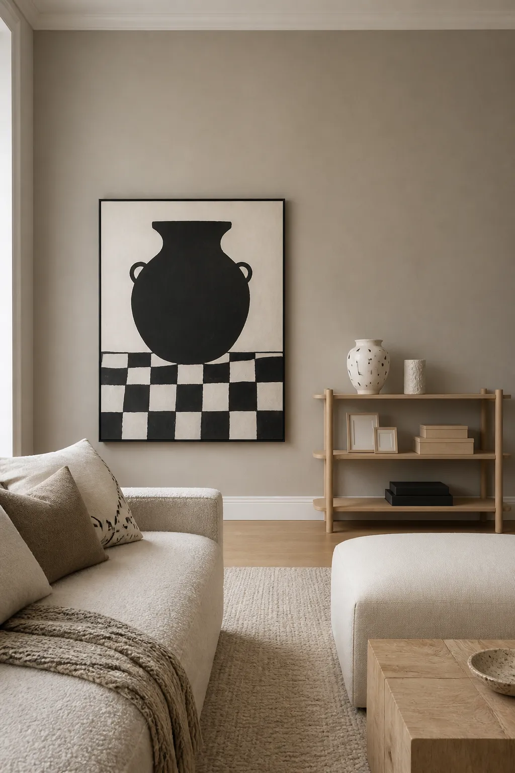 Minimal black-and-white artwork centered on a clean living room wall