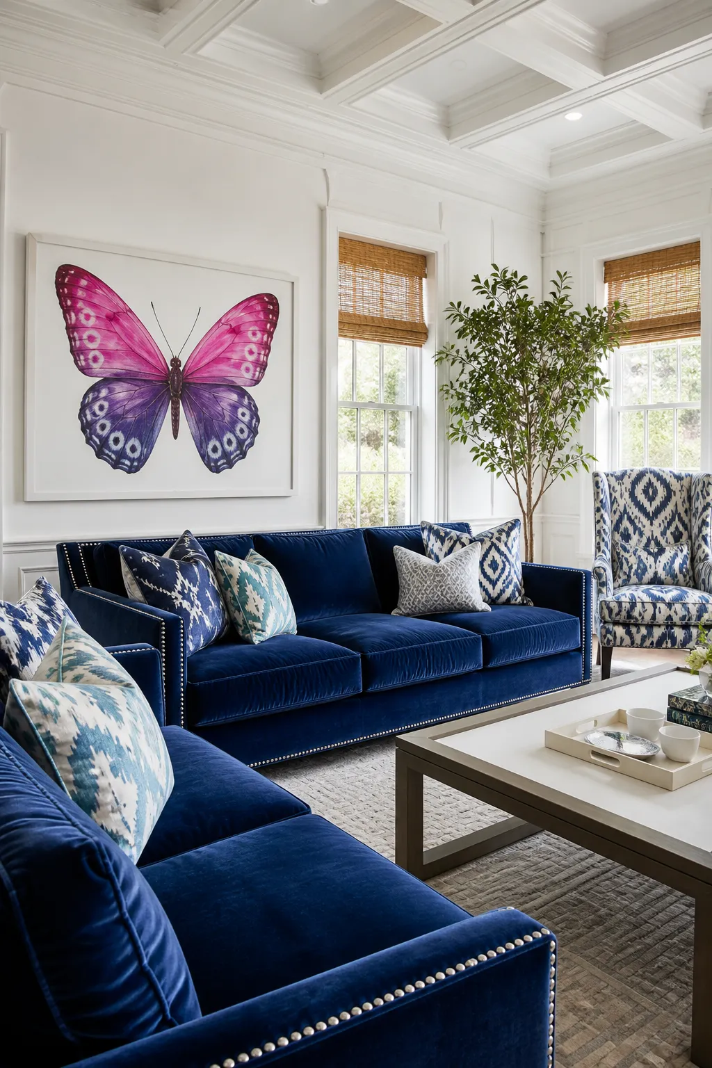 Bold butterfly artwork displayed above a navy living room sofa