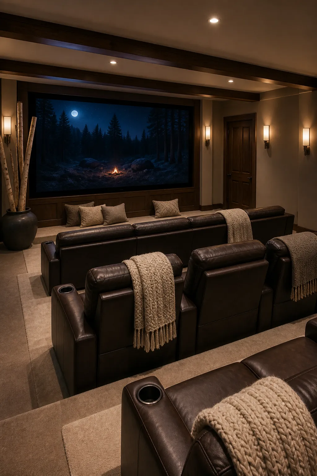 Classic home theater with warm brown leather recliners and soft ambient lighting
