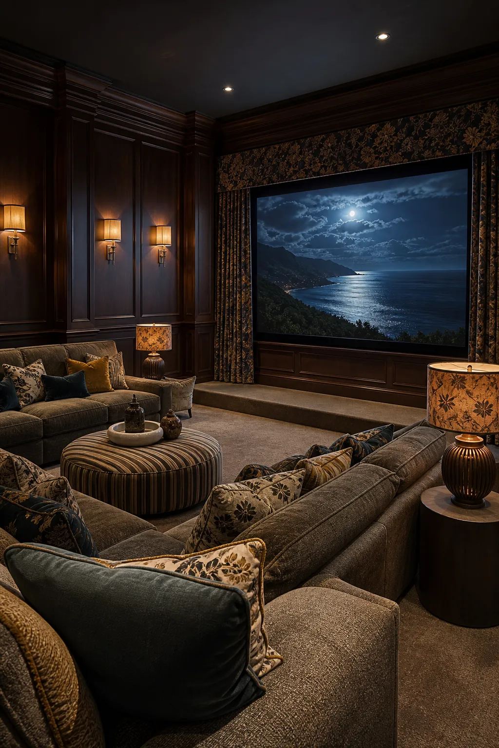 Luxurious media lounge with moody layered lighting and comfortable seating