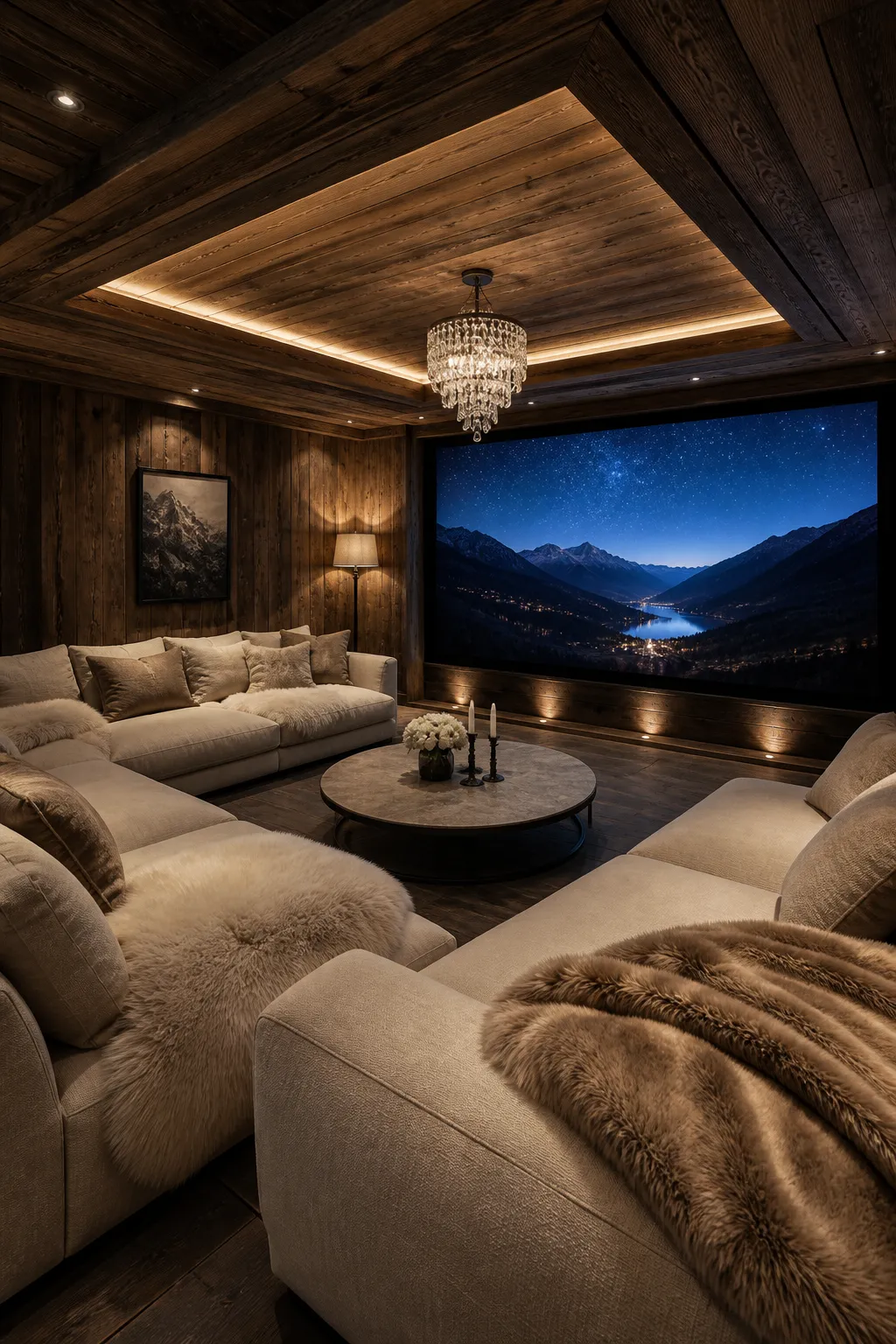 Rustic chalet-style home cinema featuring warm wood walls and cozy seating