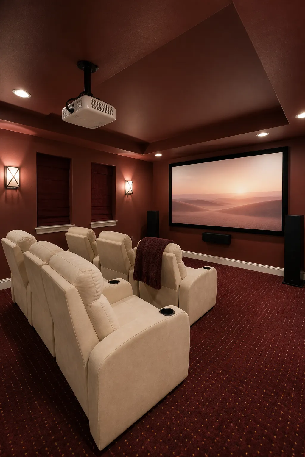 Basement home theater with rows of burgundy reclining cinema chairs