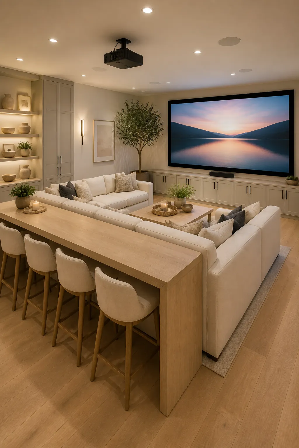 Modern media room decorated with warm neutral tones and soft furnishings