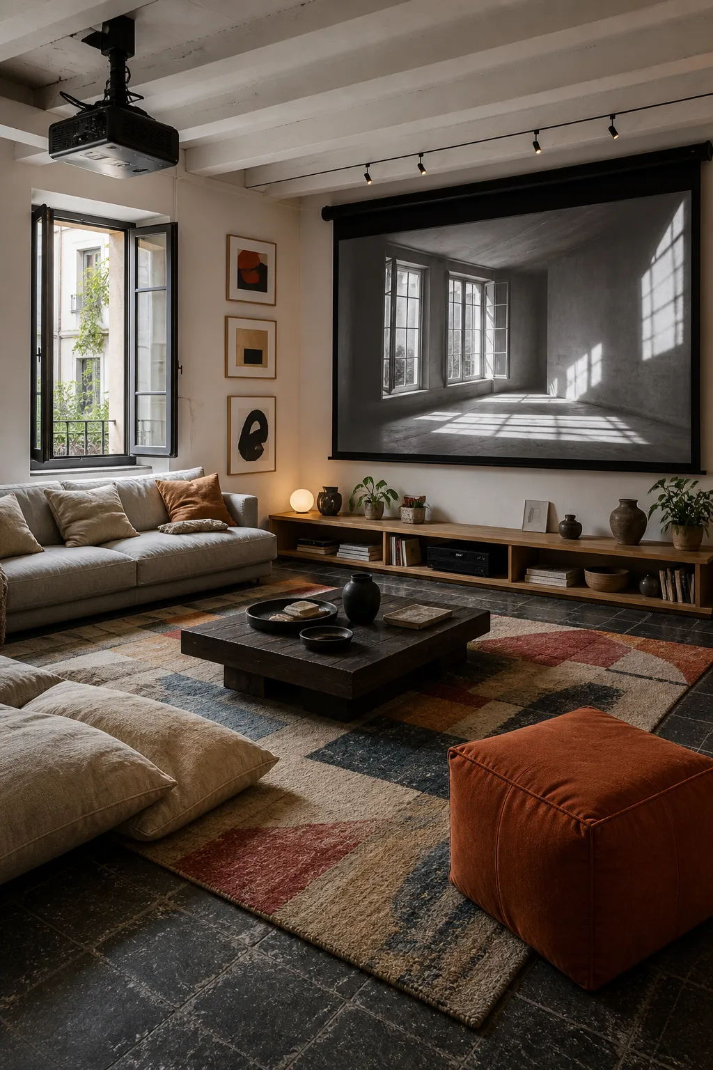 Loft media room with exposed architectural details and eclectic movie-night seating