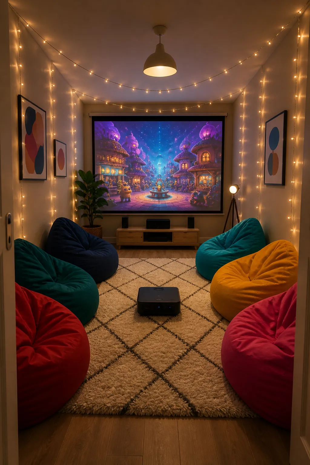 Colorful children’s cinema room filled with bright beanbags and playful decor