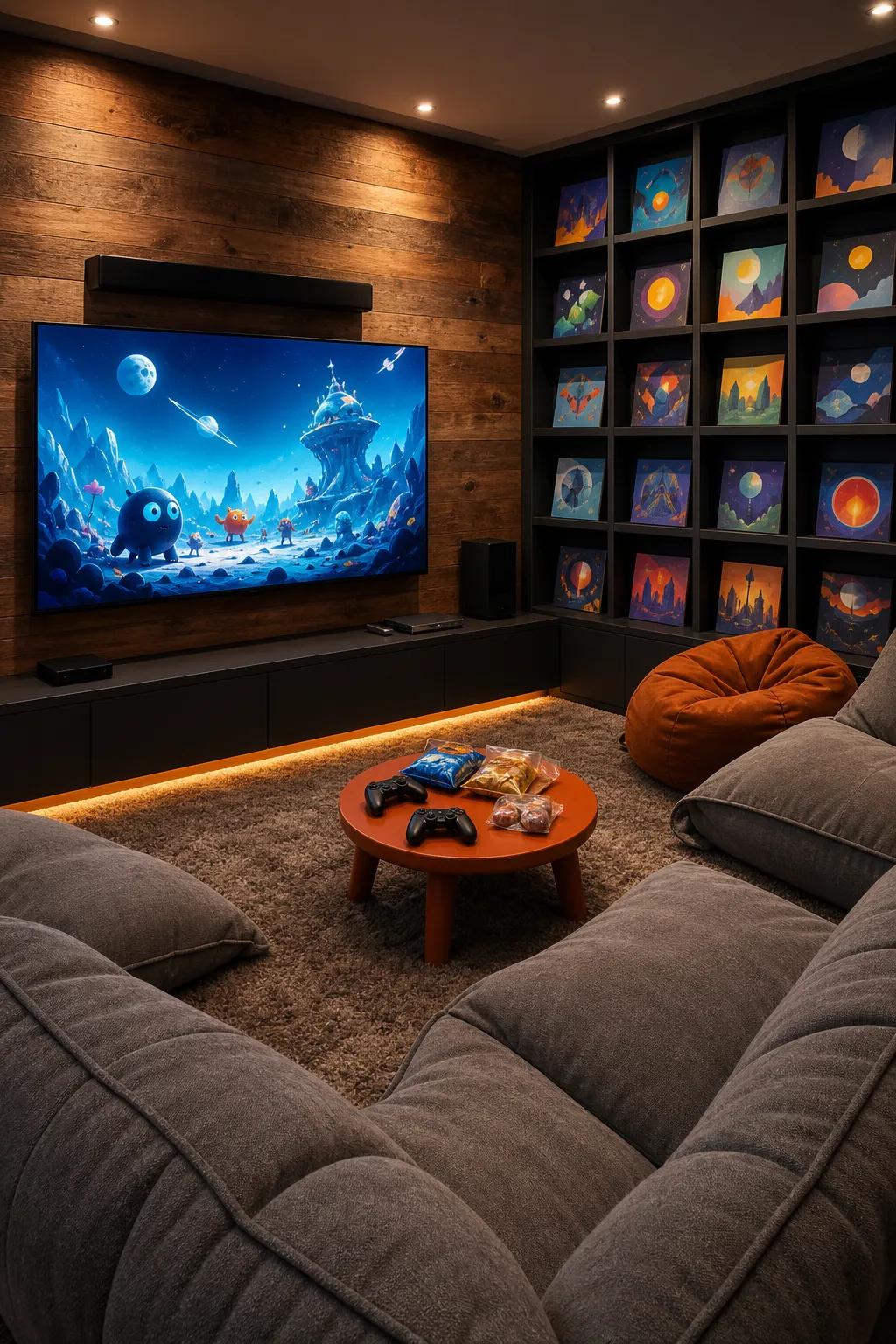 Relaxed family room arranged for both video gaming and movie watching