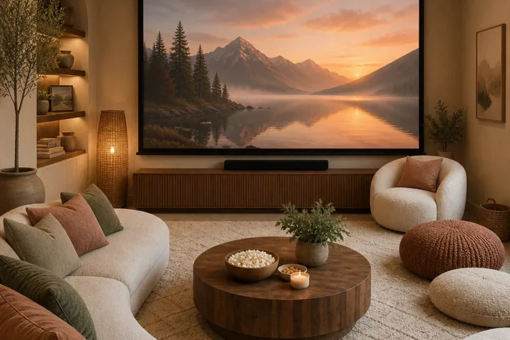 Calm movie room with layered neutral textiles and cozy lounge seating