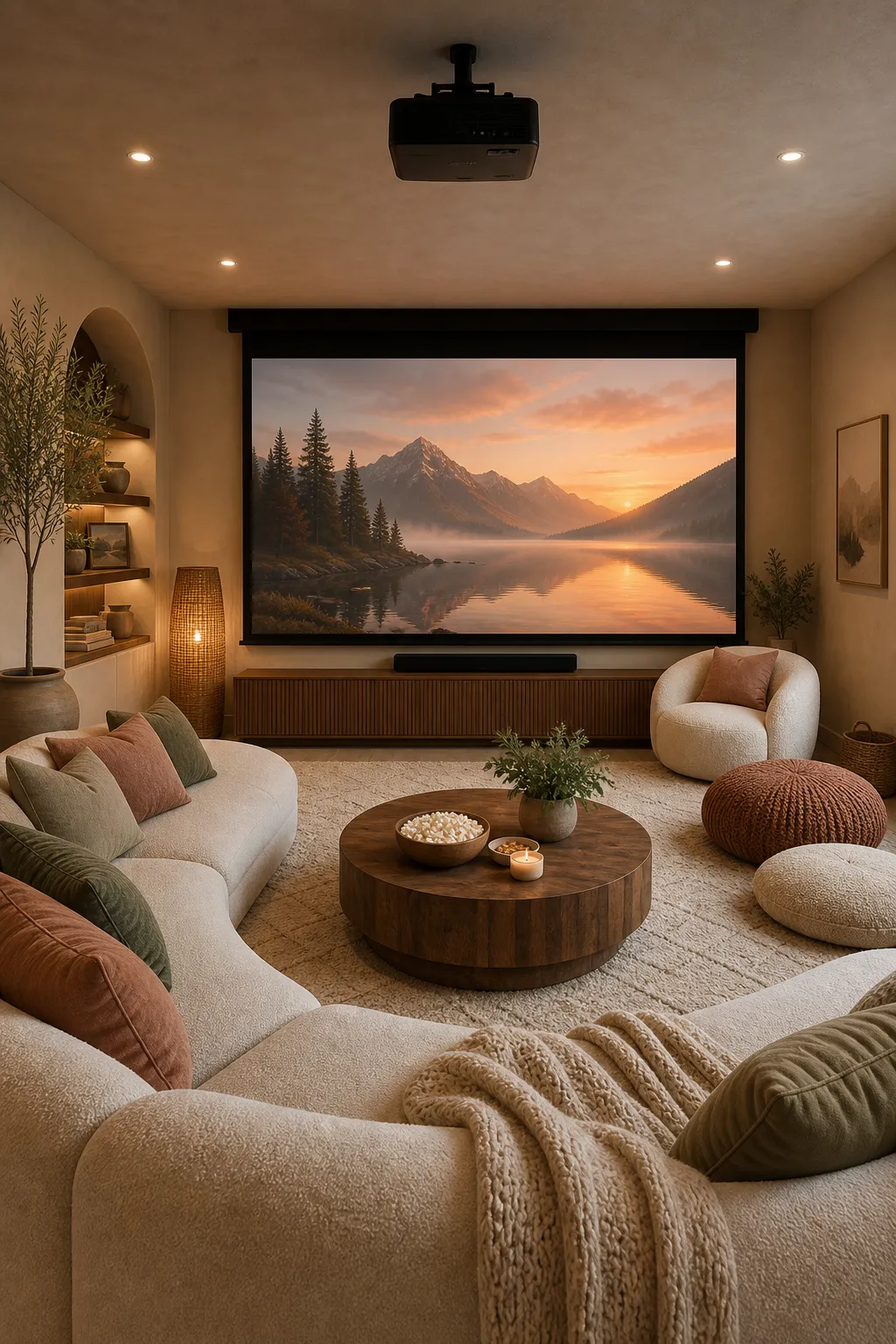 Calm movie room with layered neutral textiles and cozy lounge seating