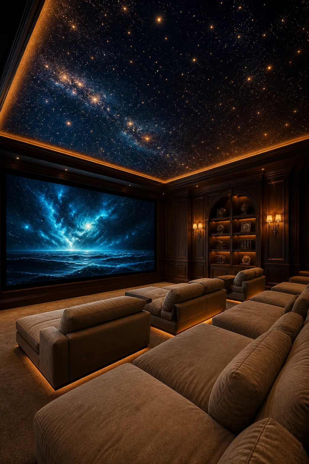 Dark home theater with a glowing fiber-optic starlit ceiling