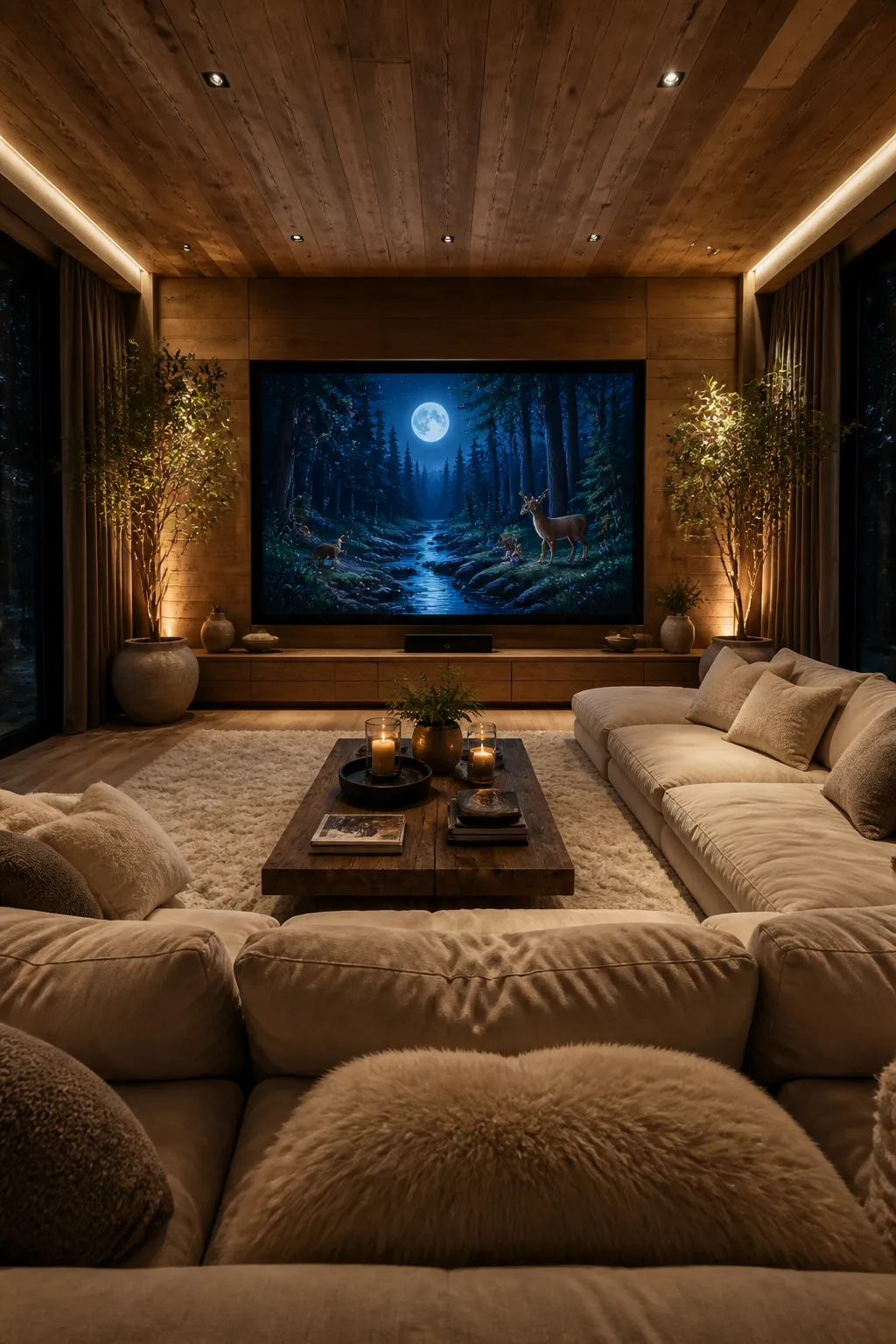 Inviting media room with warm wood paneling and comfortable upholstered seating