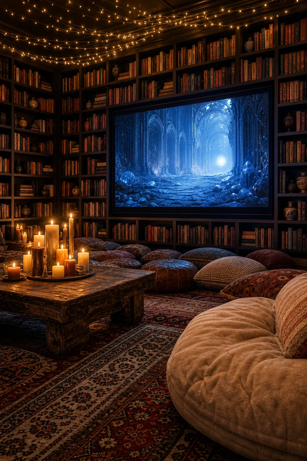 Cozy home library transformed into a family cinema with candlelike ambient lighting