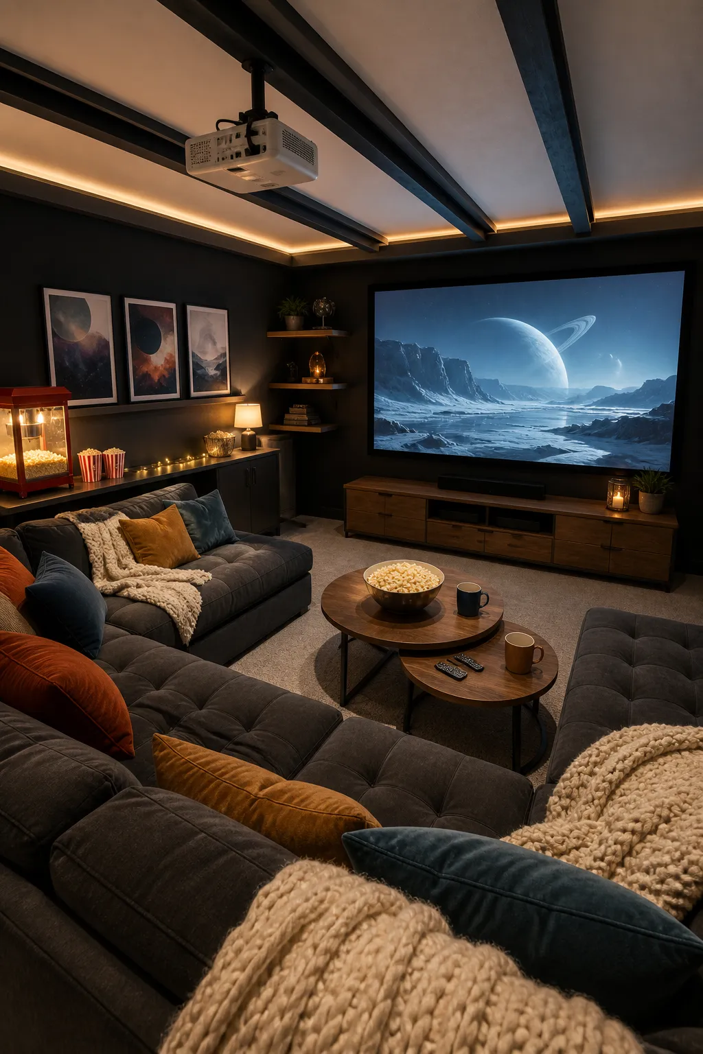 Snug basement cinema with compact seating and warm low-level lighting