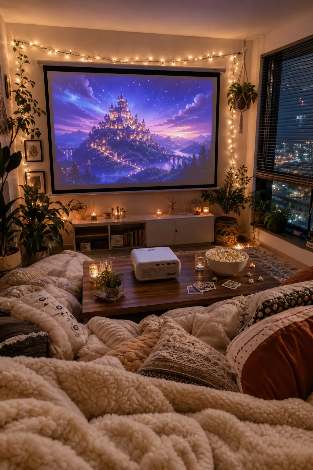 Cozy apartment movie corner illuminated by warm fairy lights