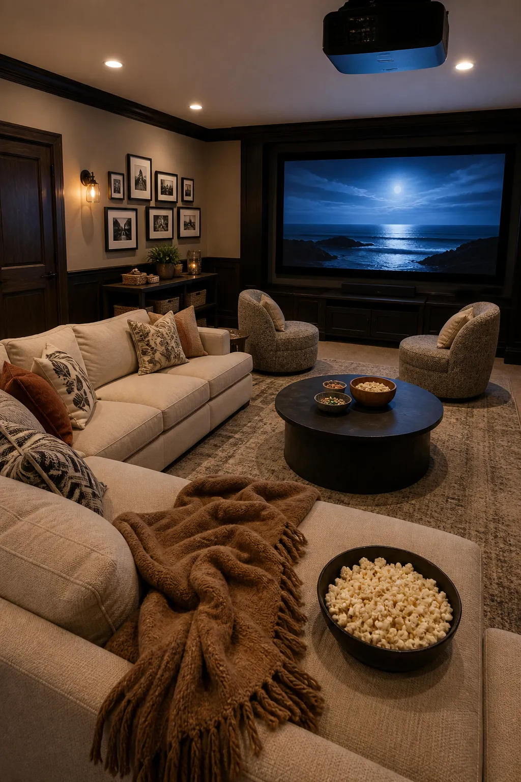 Warm basement home theater centered around a deep sectional sofa