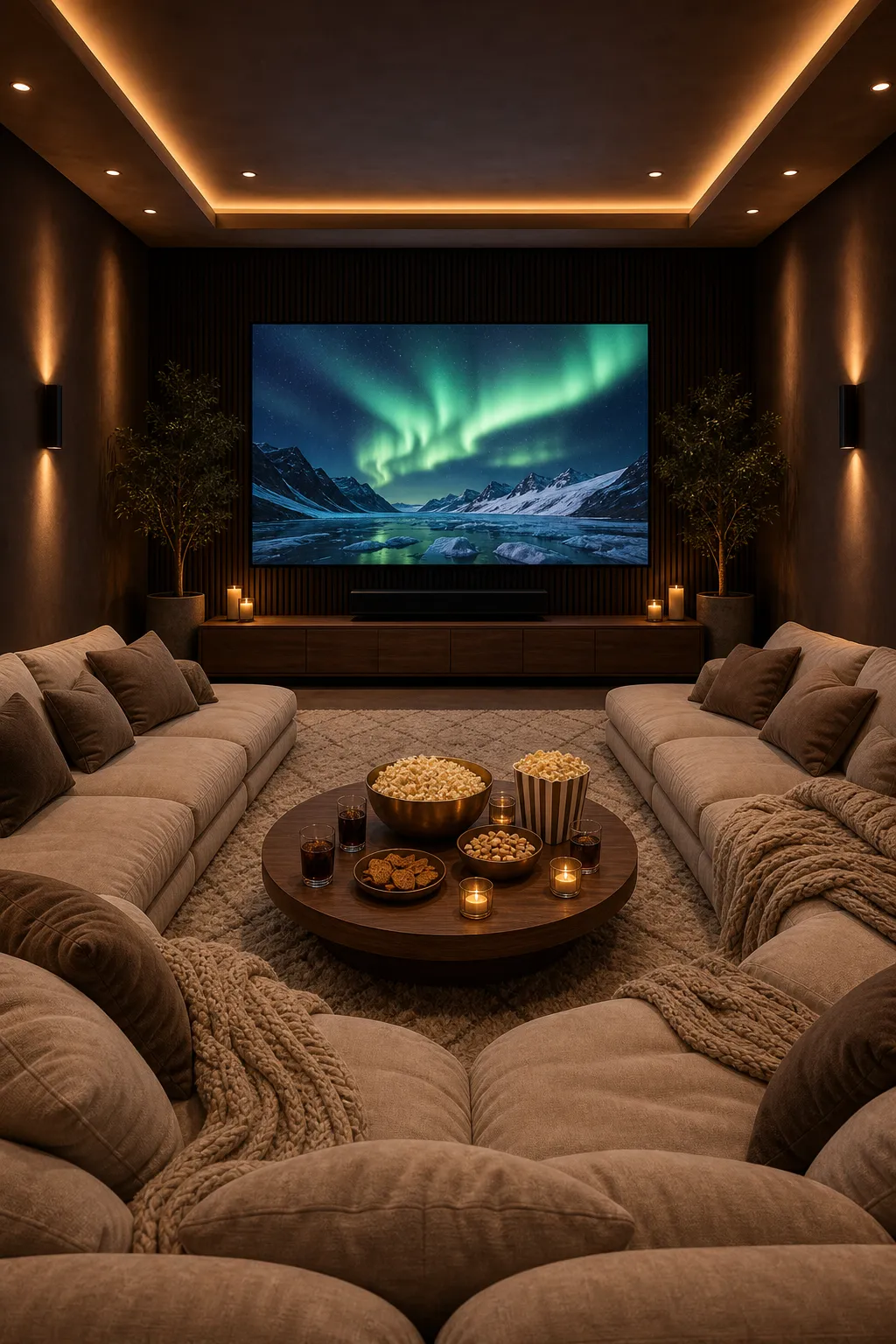 Luxurious family movie room with spacious shared lounge seating