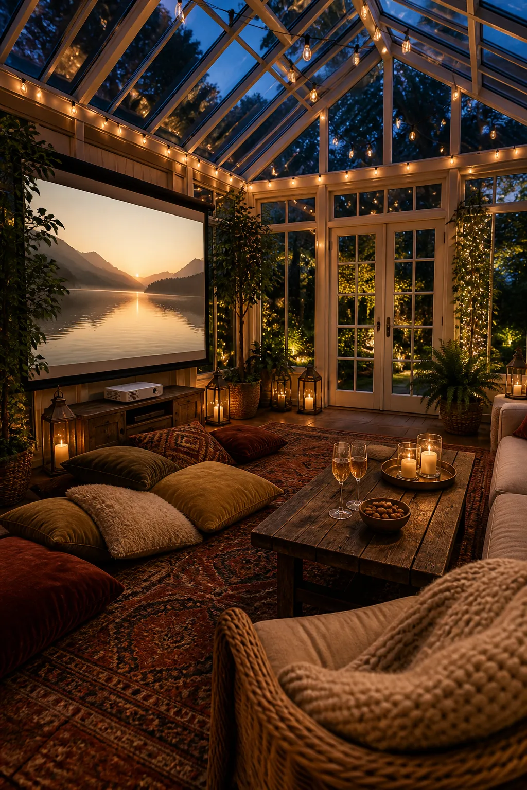 Sunroom transformed into an intimate evening movie retreat