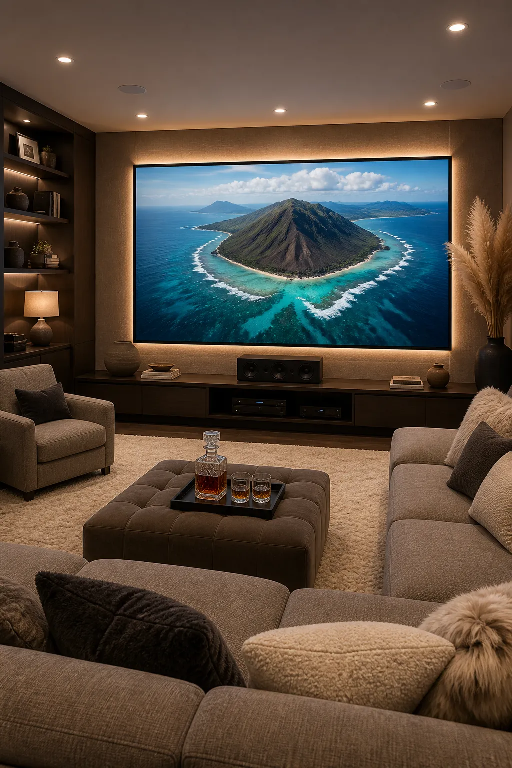 Streamlined modern basement theater arranged around a sectional sofa