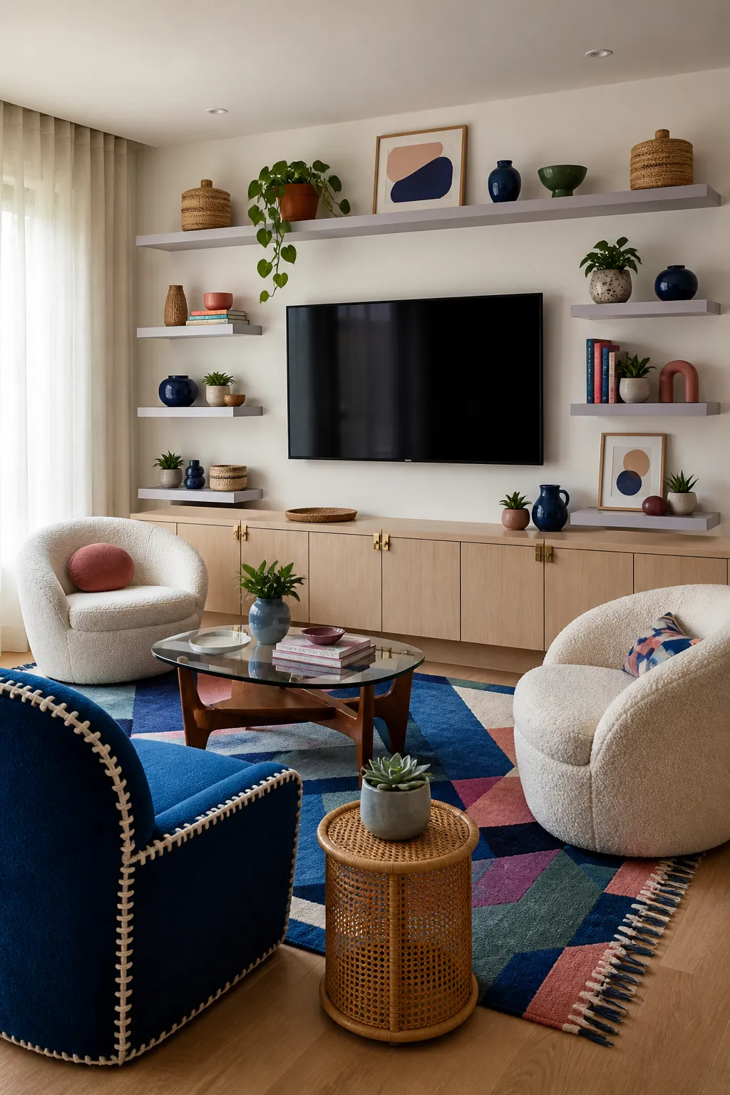 Apartment TV wall with colorful floating shelves displaying books, plants, and decorative objects
