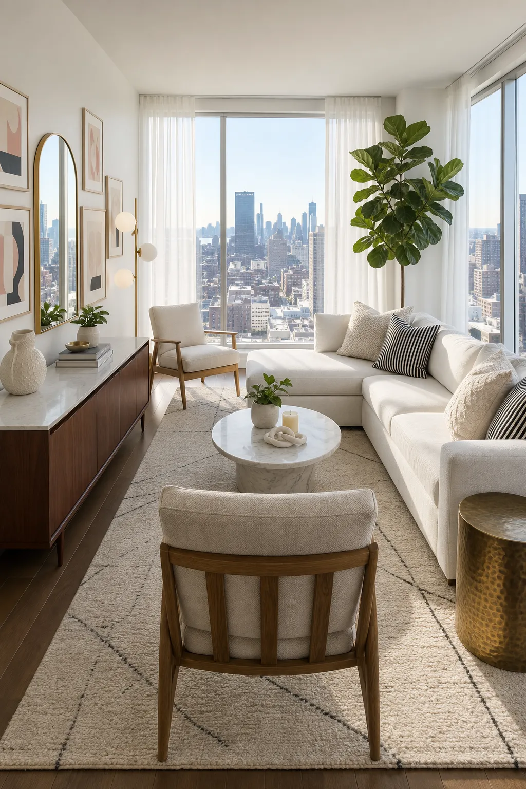 Bright apartment TV wall with a slim media console and minimal neutral decor