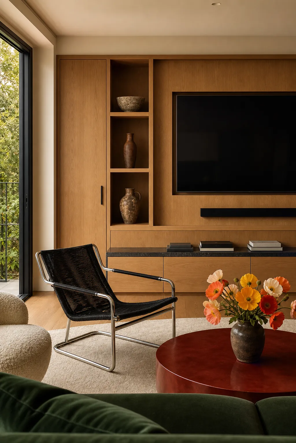 Compact warm oak media wall with an integrated television and built-in storage