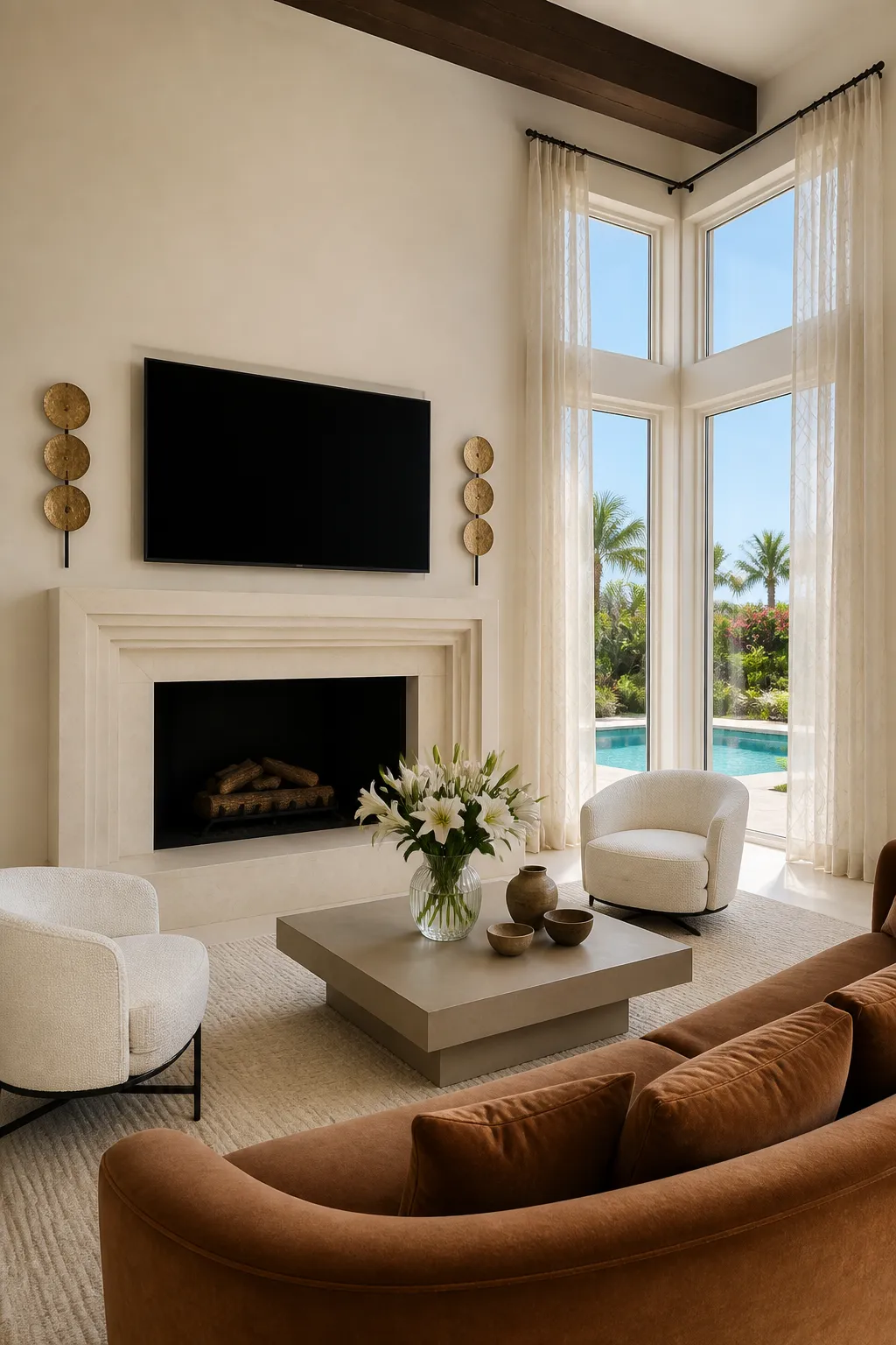 Wall-mounted television above a streamlined neutral fireplace in a modern living room