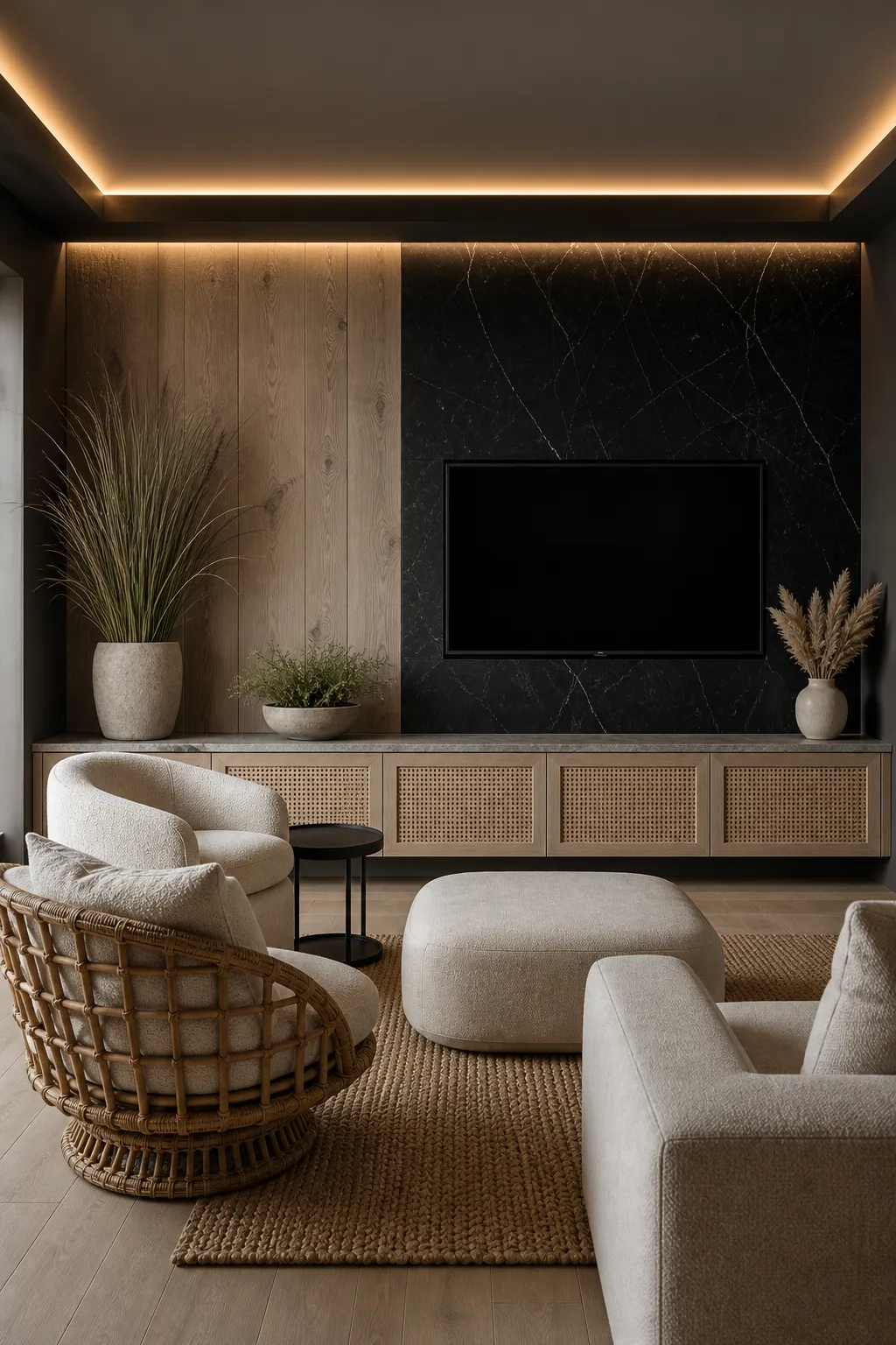 Black marble TV wall paired with warm rattan-front media storage