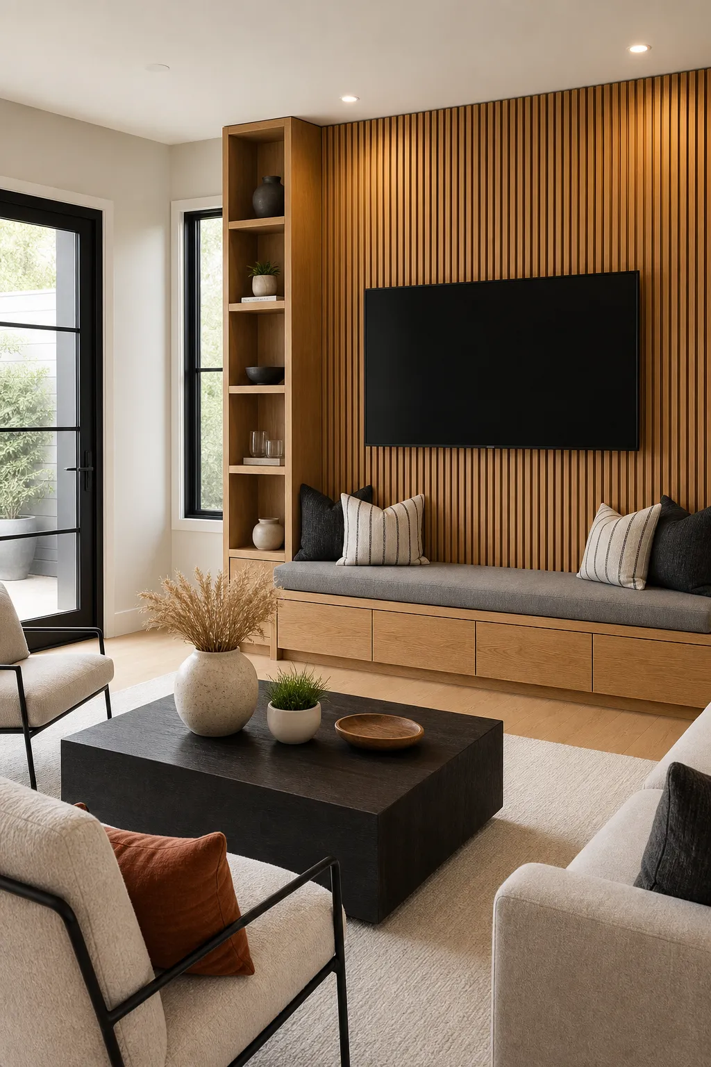 Modern television mounted on a warm vertical wood slat feature wall