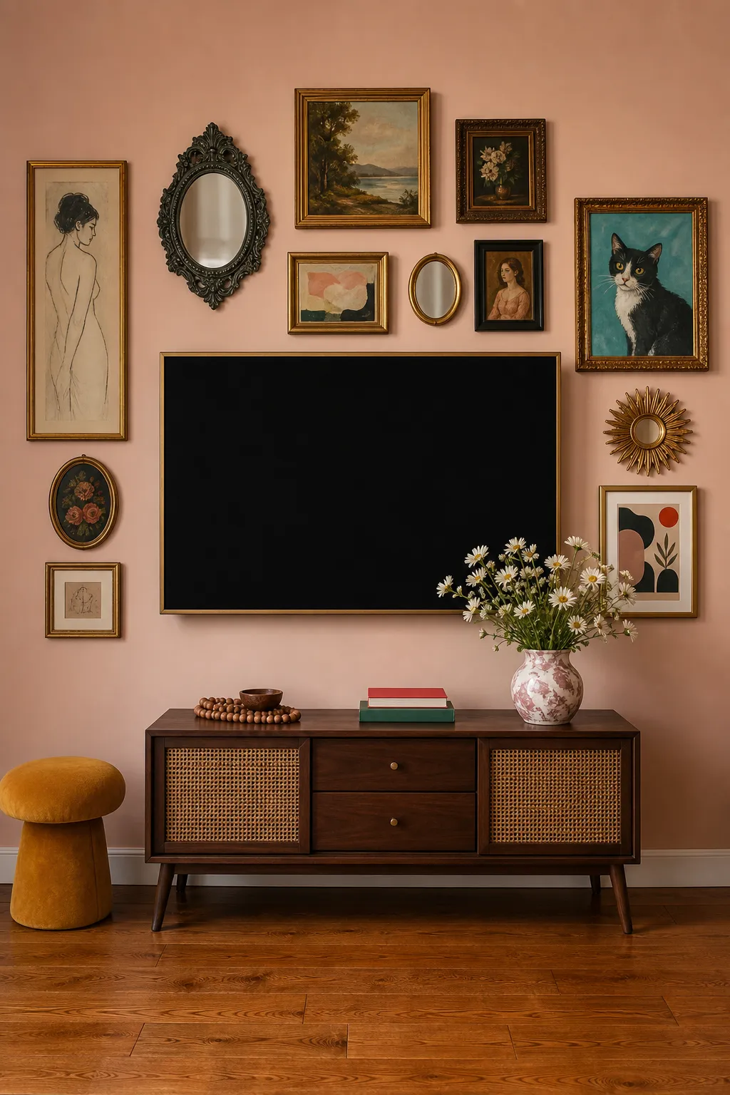 Wall-mounted television incorporated into an eclectic gallery wall of framed artwork