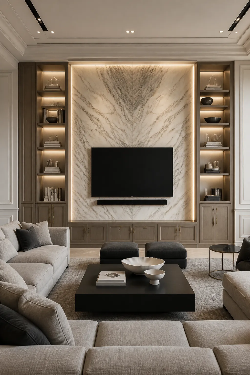 Luxurious marble TV feature wall with seamless concealed media cabinets