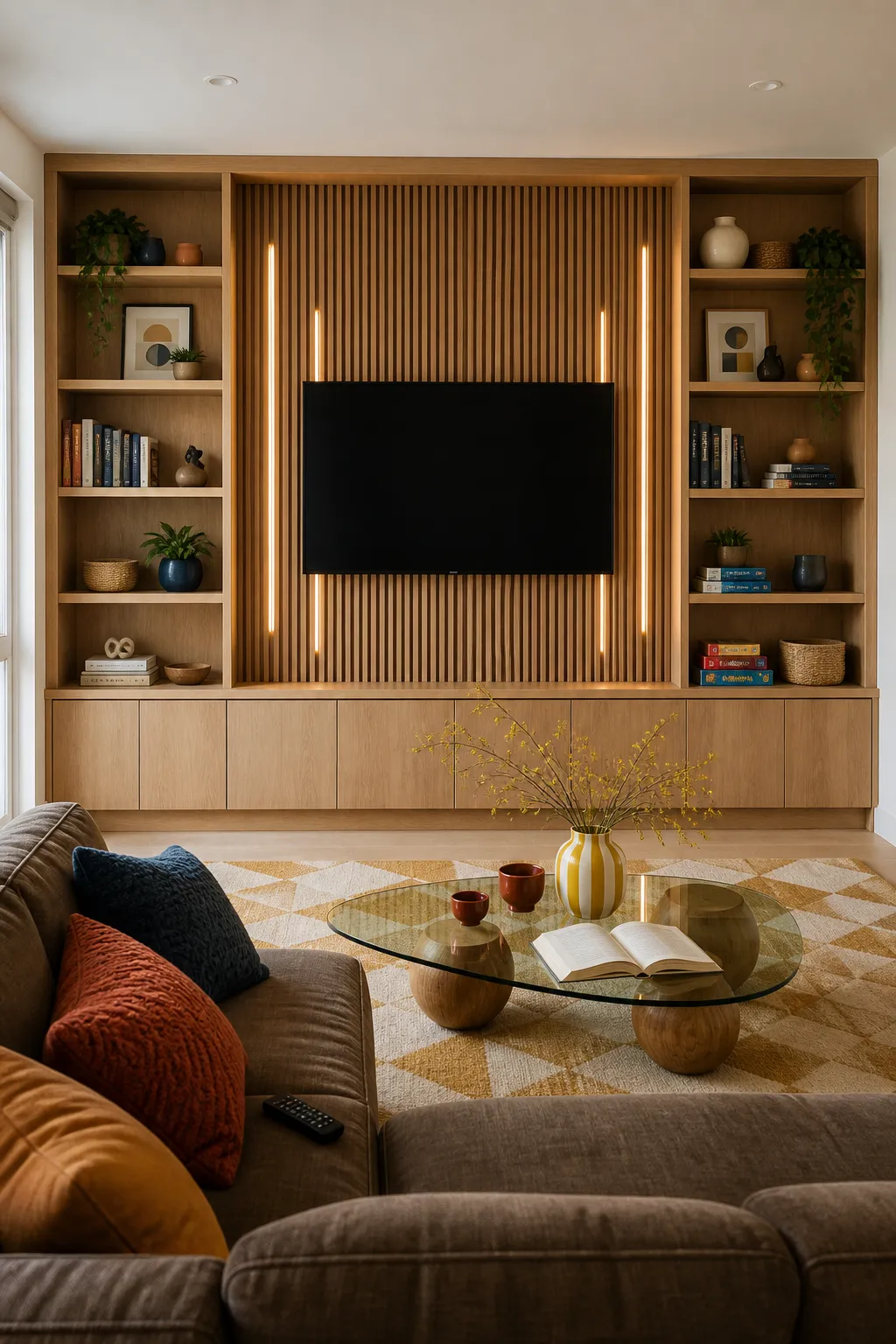 Slatted wood TV panel framed by built-in bookshelves filled with books and decor