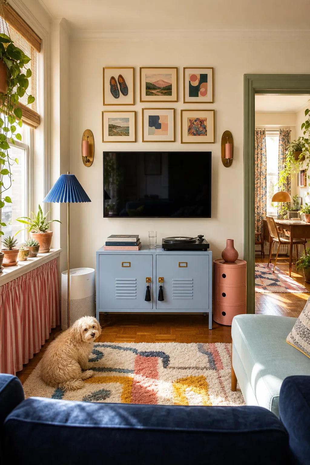 Apartment television wall decorated with vibrant colorful artwork