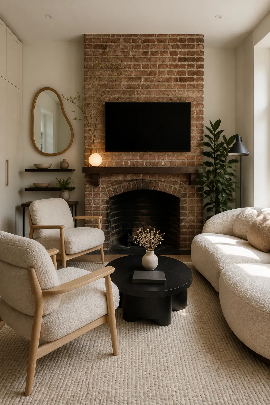 Wall-mounted television set against a textured exposed brick wall
