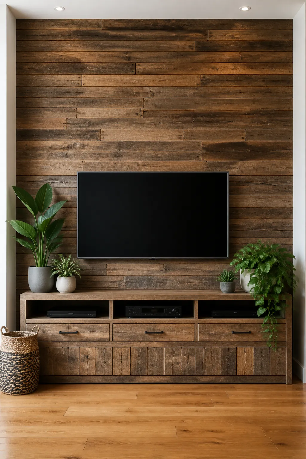 Rustic television feature wall clad in weathered reclaimed wood planks