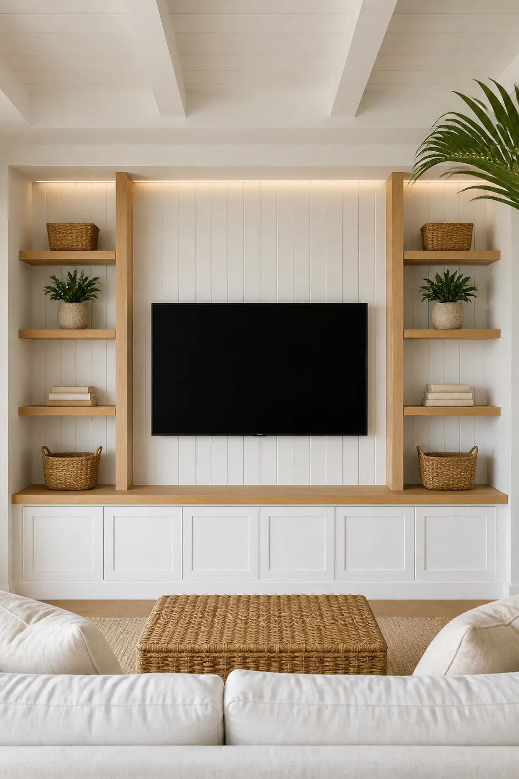 Airy white shiplap TV wall with built-in shelves and cabinets