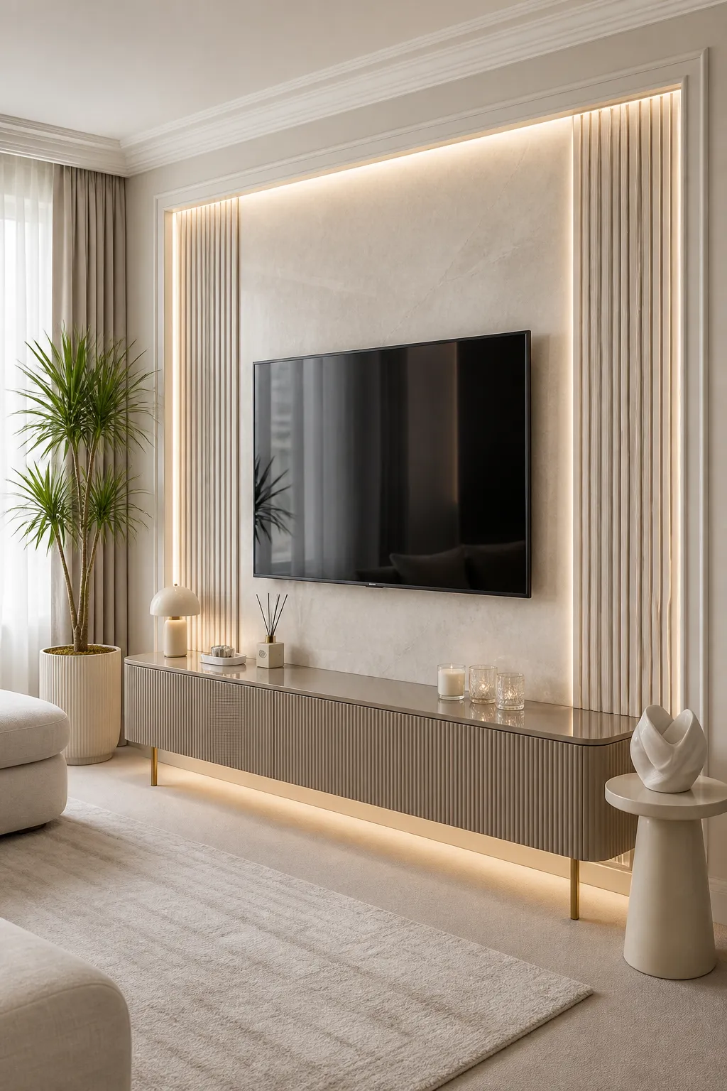 Elegant television feature wall finished with refined fluted panels