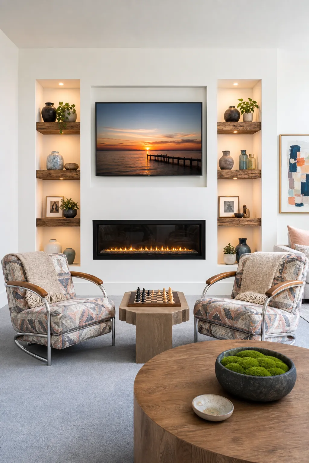 Modern TV and fireplace wall balanced by illuminated display niches