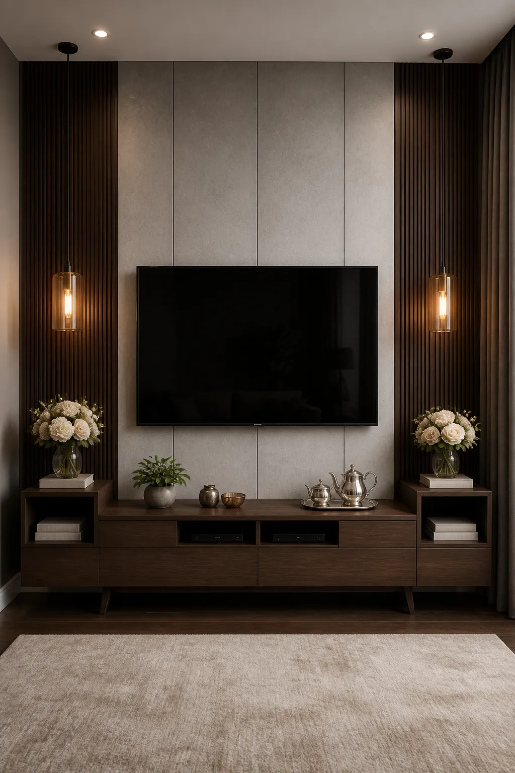 Compact television wall anchored by dark walnut cabinetry