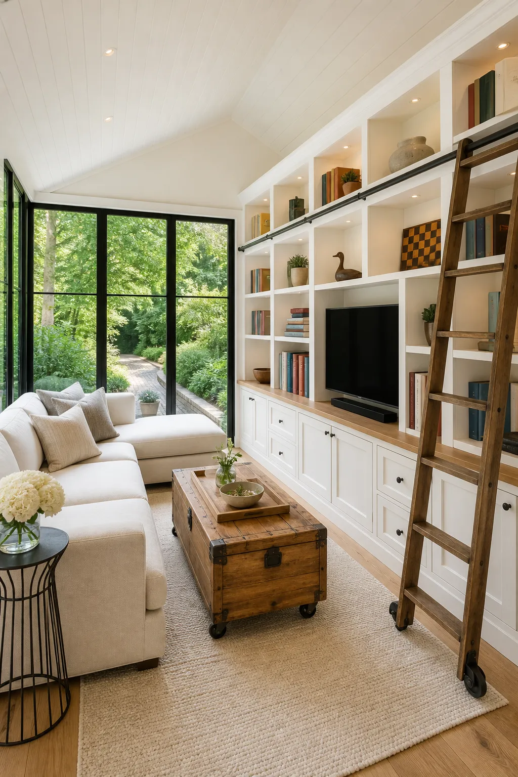 Bright white built-in shelves arranged around a wall-mounted television