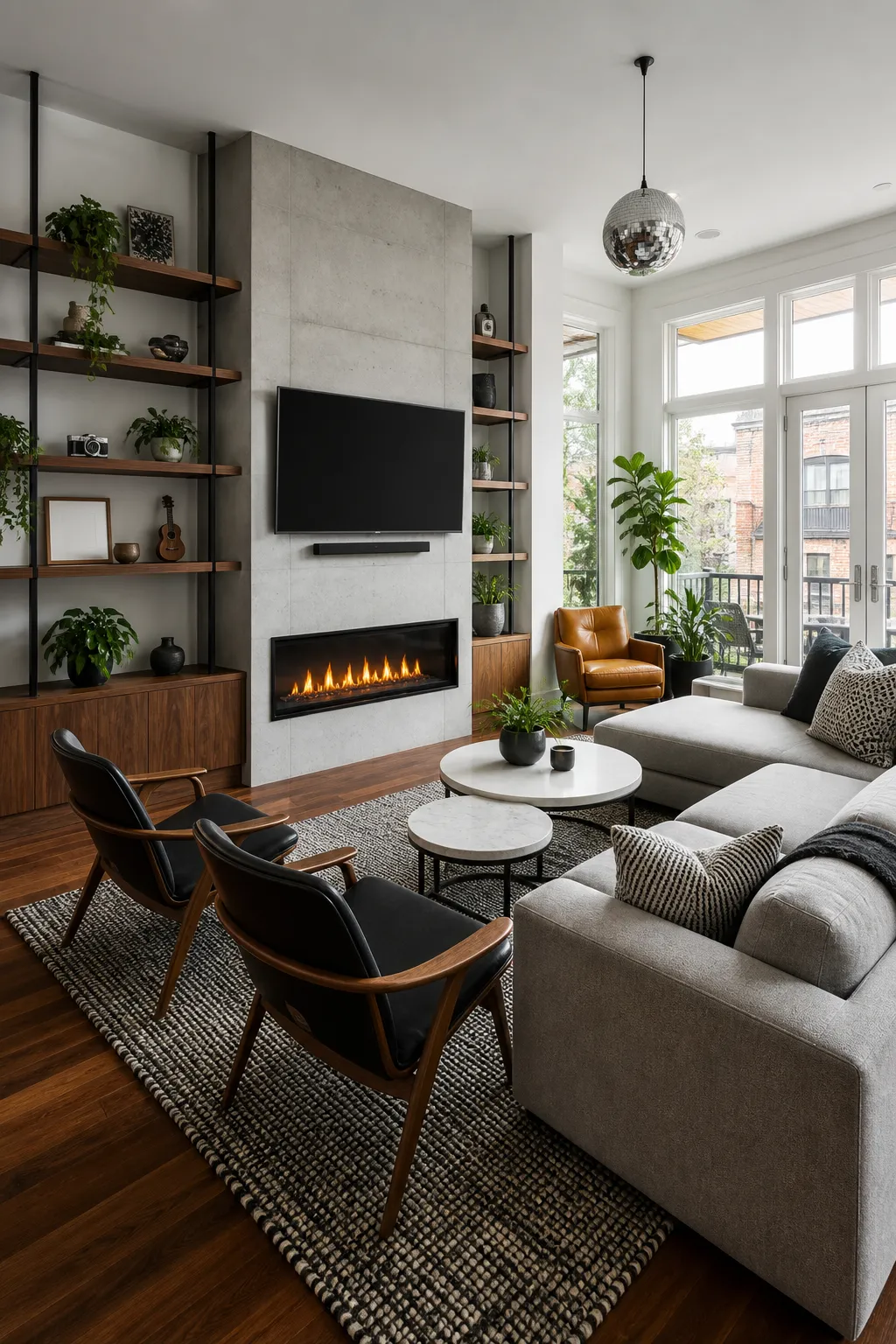 Small modern television wall with a slim linear fireplace below the screen