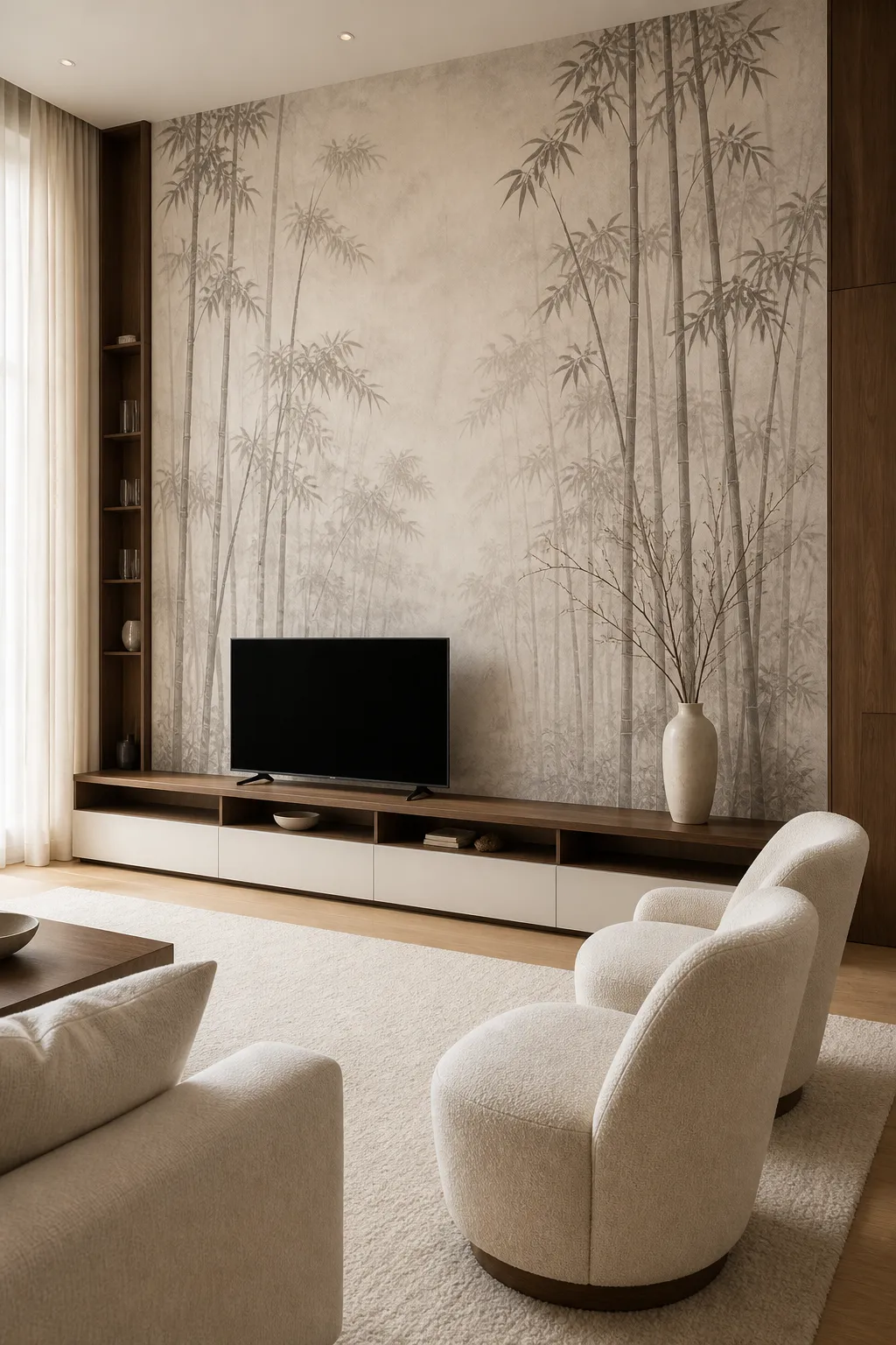 Television displayed against a calming bamboo-inspired wall mural