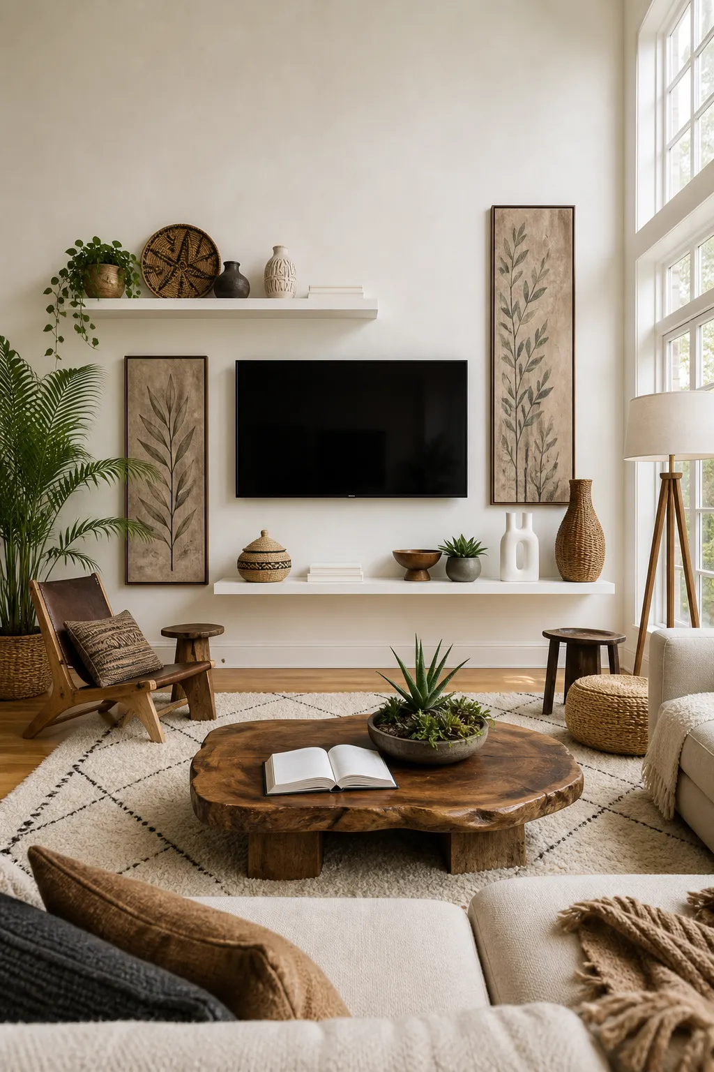 Television wall styled with warm wood and layered natural textures