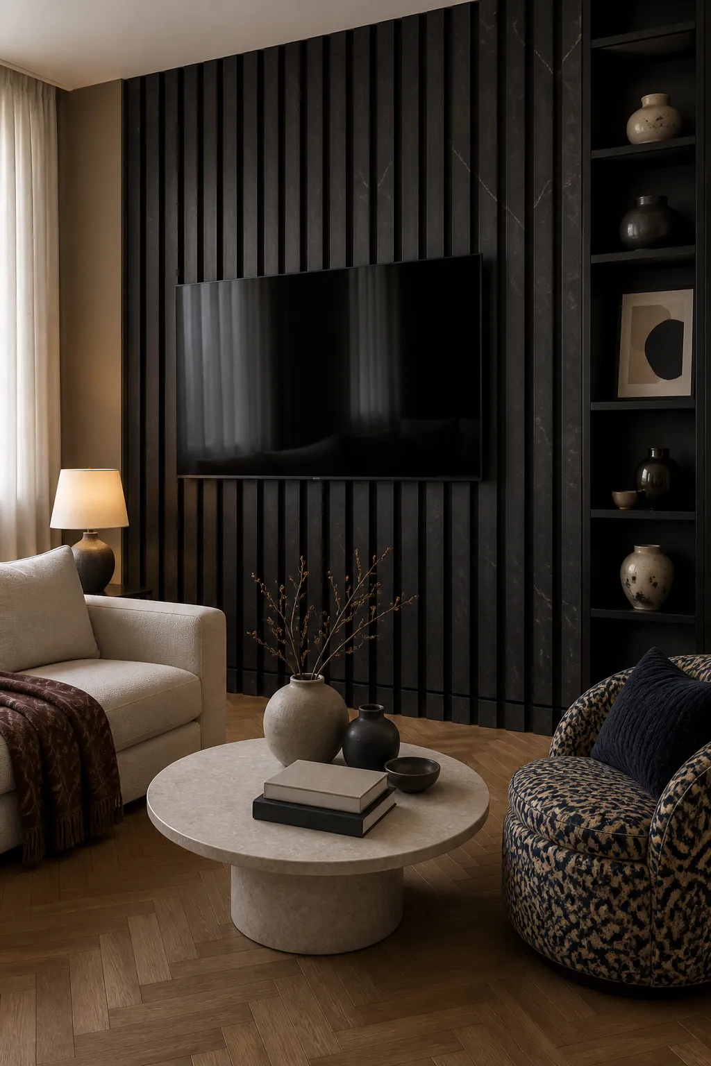 Dark vertical wood slats creating a dramatic backdrop for a mounted television