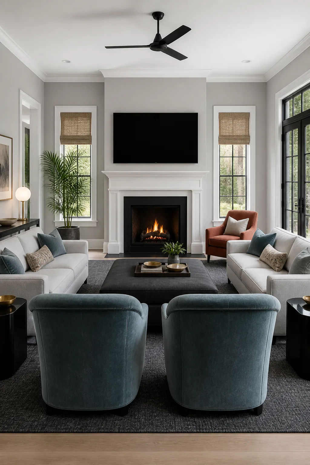 Symmetrical built-in cabinetry framing a classic fireplace and television wall