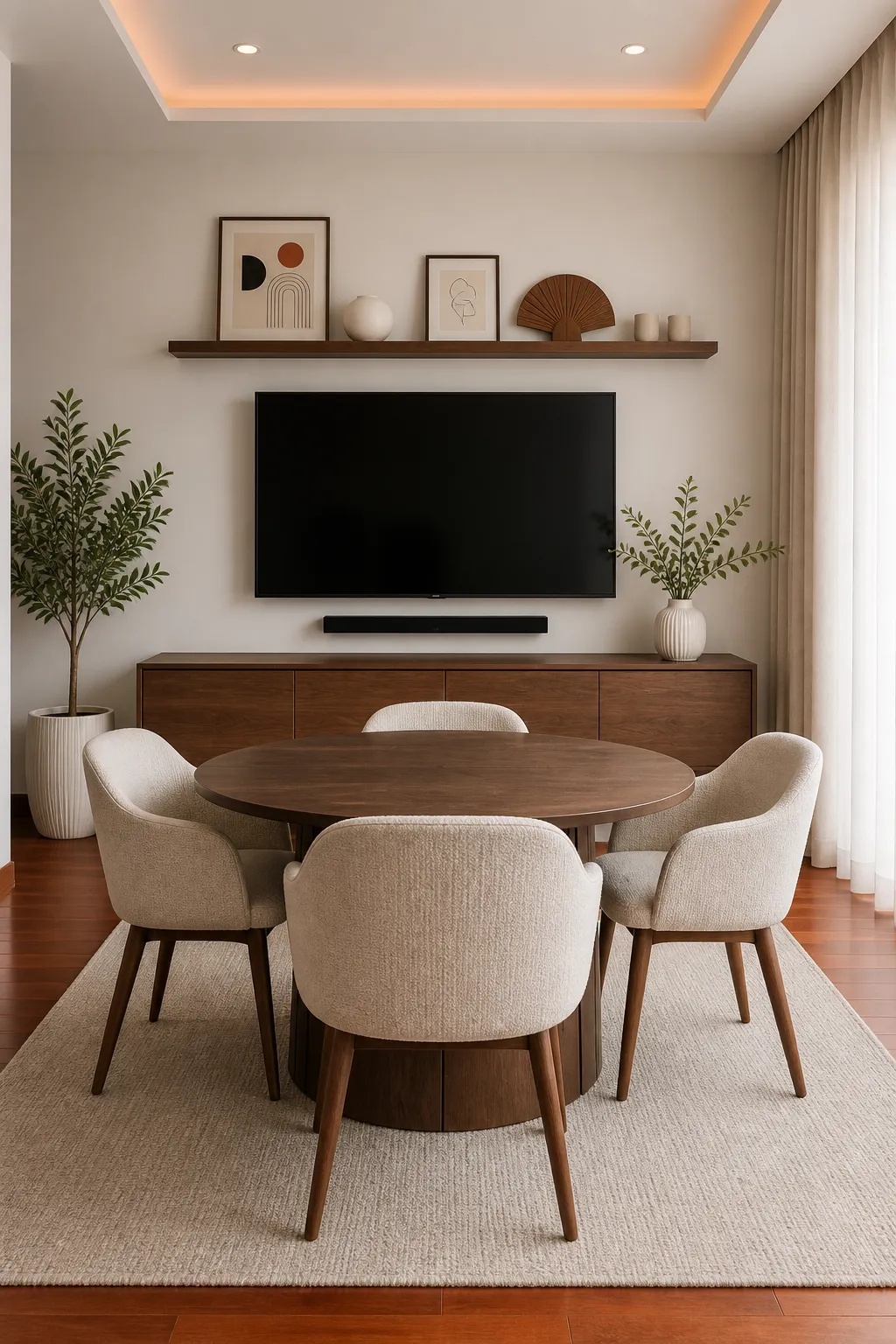 Space-saving television wall incorporated into a compact dining nook