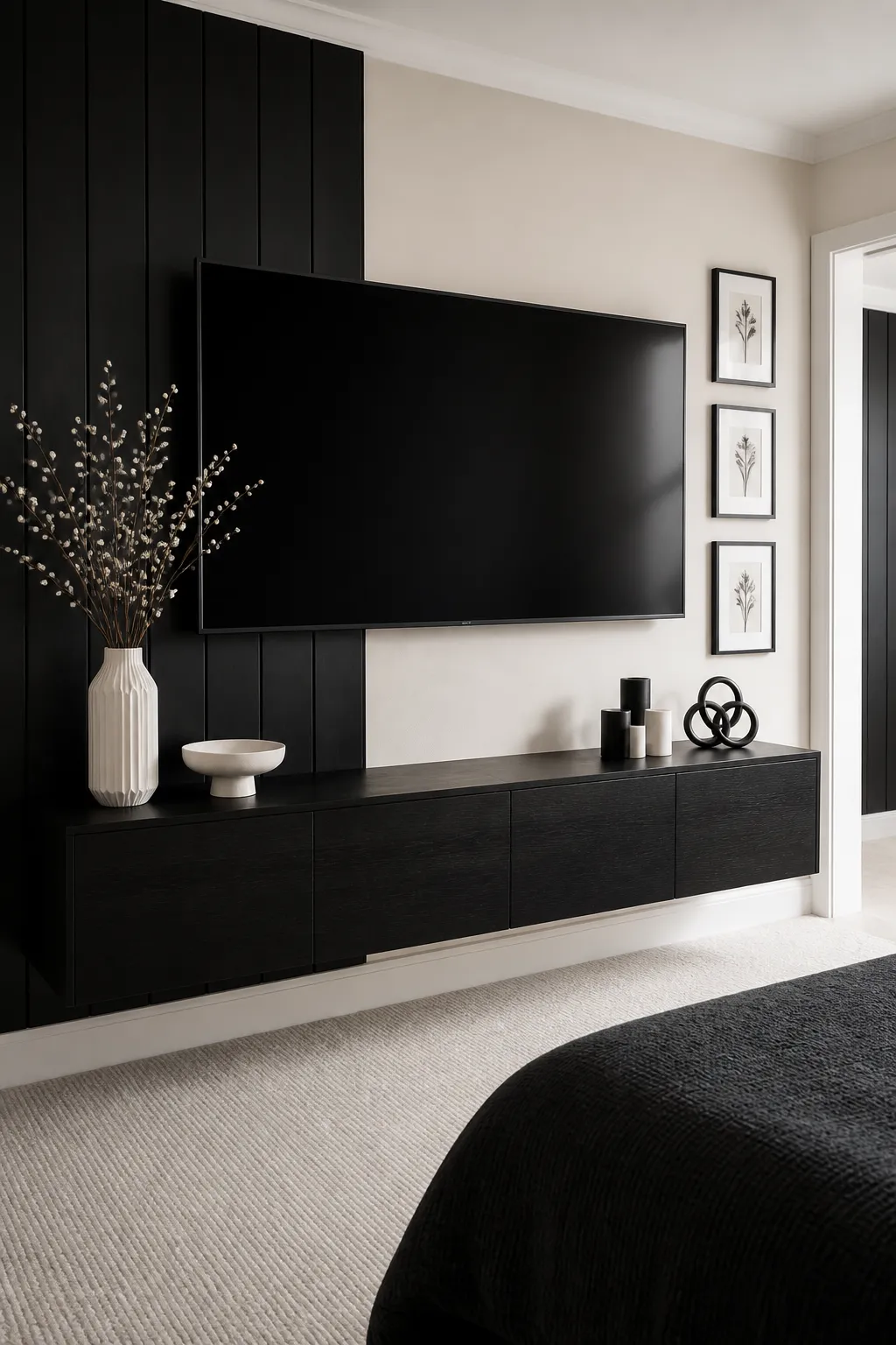 Wall-mounted television above a sleek floating black media cabinet