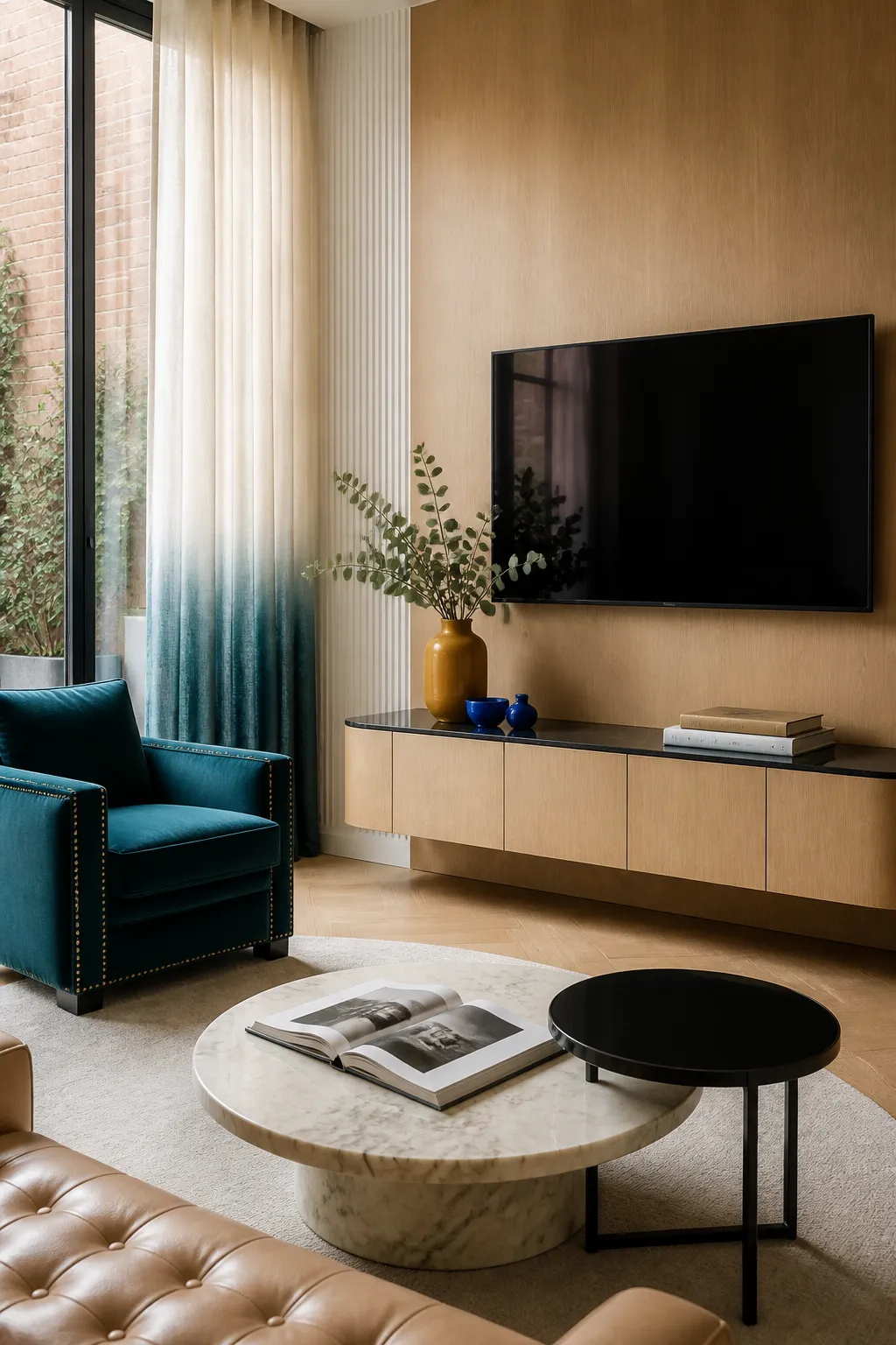Minimal television wall featuring a simple warm wood media console